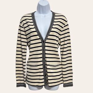 J. Crew Womens Striped Sparkle Trim Cardigan Size Medium Cream Navy Preppy